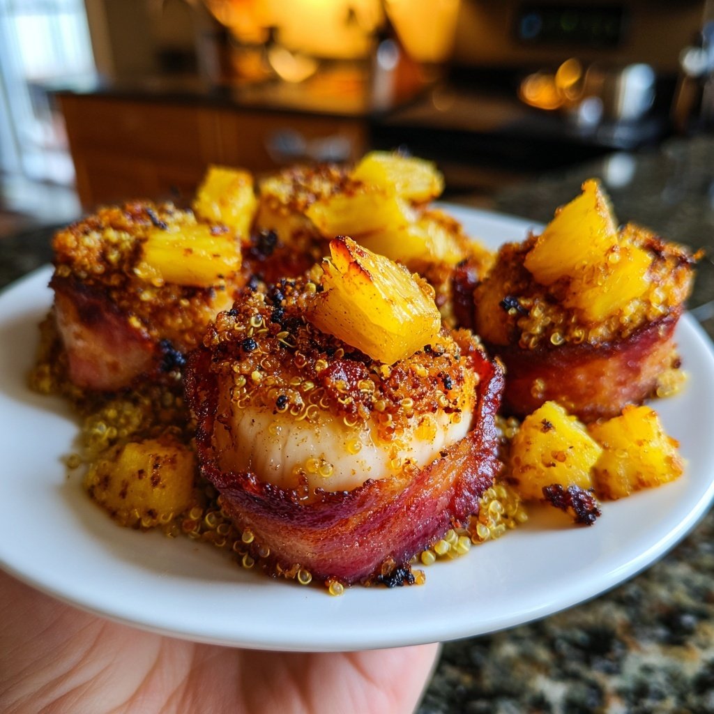 Bacon-Wrapped Scallops Pineapple Quinoa
