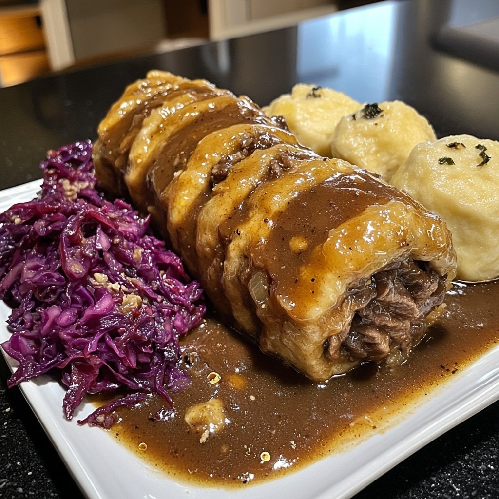 Braised Beef Rouladen with Red Cabbage and Dumplings
